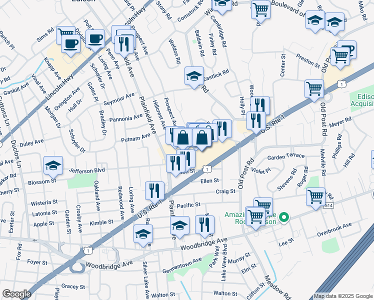 map of restaurants, bars, coffee shops, grocery stores, and more near 96 Plainfield Avenue in Edison