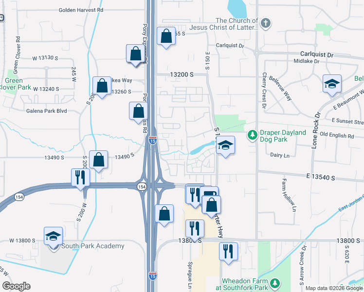 map of restaurants, bars, coffee shops, grocery stores, and more near 13409 Silver Rock Lane in Draper