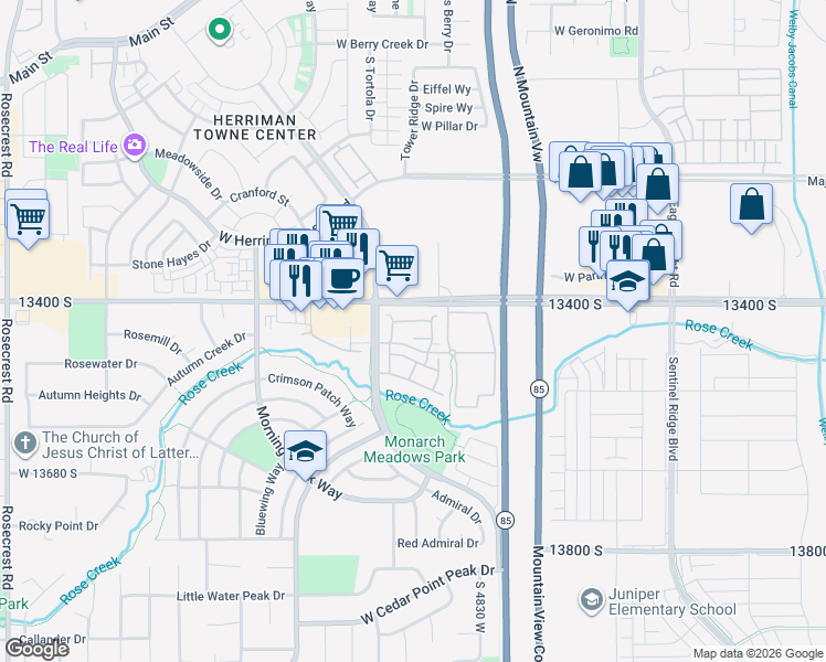 map of restaurants, bars, coffee shops, grocery stores, and more near 4922 West Duncan Meadow Lane in Riverton