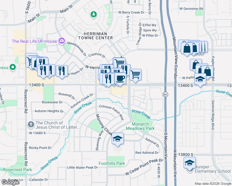 map of restaurants, bars, coffee shops, grocery stores, and more near 5083 13400 South in Herriman