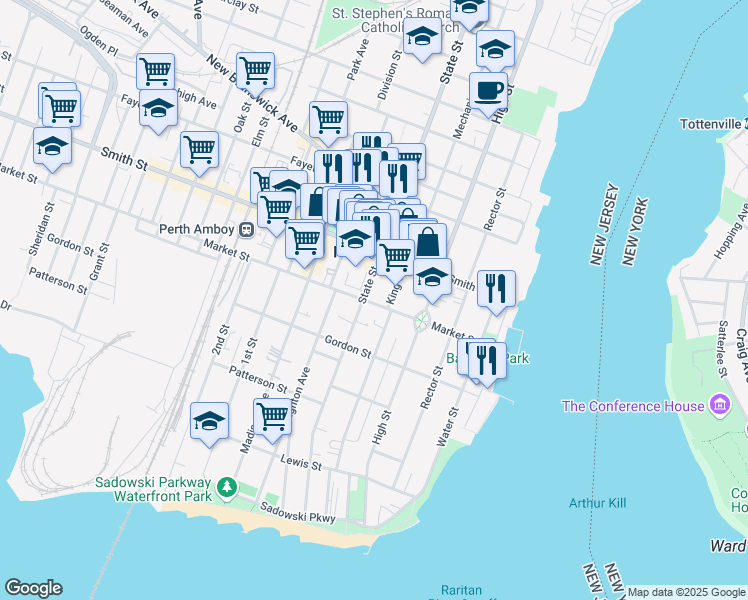 map of restaurants, bars, coffee shops, grocery stores, and more near 262 State Street in Perth Amboy