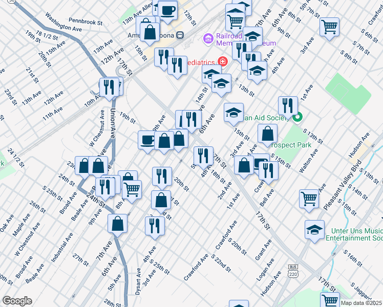 map of restaurants, bars, coffee shops, grocery stores, and more near 1711 6th Avenue in Altoona