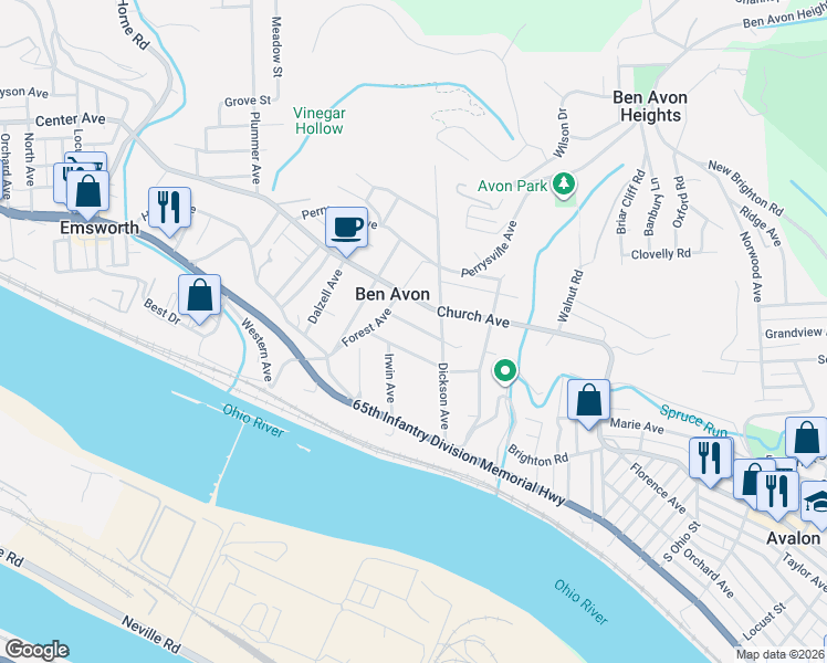map of restaurants, bars, coffee shops, grocery stores, and more near 7015 Church Avenue in Pittsburgh