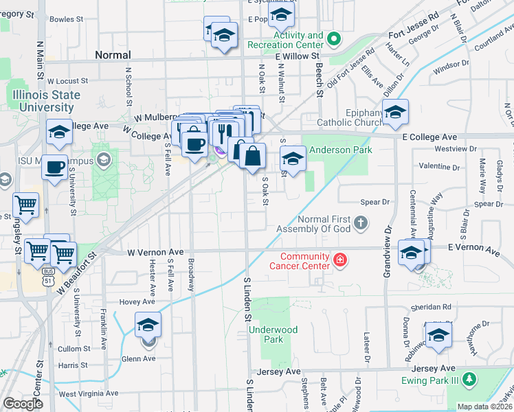 map of restaurants, bars, coffee shops, grocery stores, and more near 207 East Phoenix Avenue in Normal