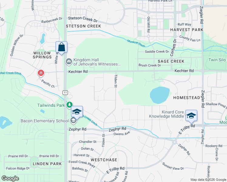 map of restaurants, bars, coffee shops, grocery stores, and more near 5715 Tilden Street in Fort Collins