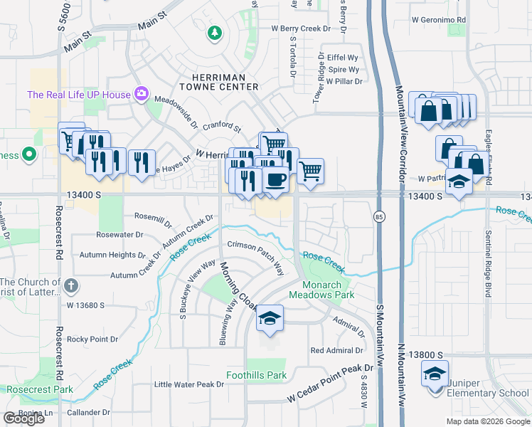 map of restaurants, bars, coffee shops, grocery stores, and more near 5083 13400 South in Herriman