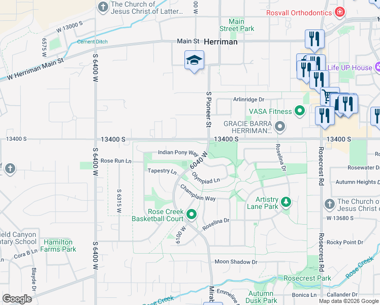 map of restaurants, bars, coffee shops, grocery stores, and more near 6076 Indian Pony Way in Herriman