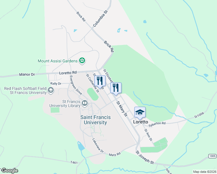 map of restaurants, bars, coffee shops, grocery stores, and more near 65 Saint Mary Street in Loretto