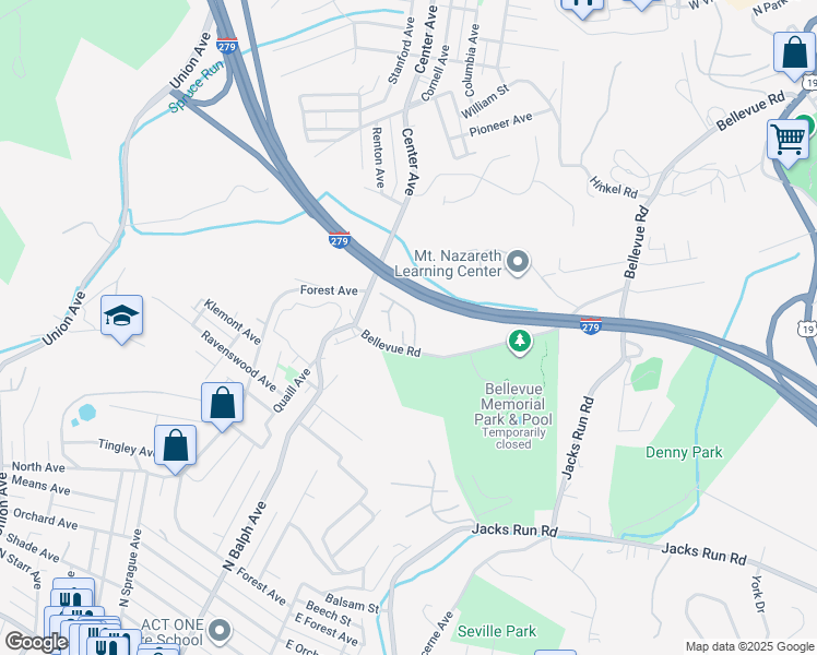 map of restaurants, bars, coffee shops, grocery stores, and more near 701 Bellwood Drive in Pittsburgh