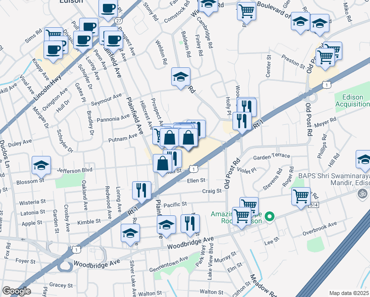 map of restaurants, bars, coffee shops, grocery stores, and more near 100 Keystone Court in Edison
