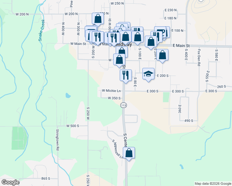 map of restaurants, bars, coffee shops, grocery stores, and more near 53 West 300 South in Midway