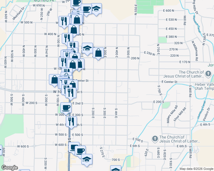 map of restaurants, bars, coffee shops, grocery stores, and more near 9 South 300 East in Heber City