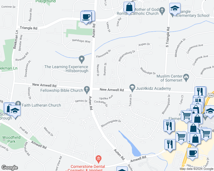 map of restaurants, bars, coffee shops, grocery stores, and more near 201 Columbia Common in Somerset County