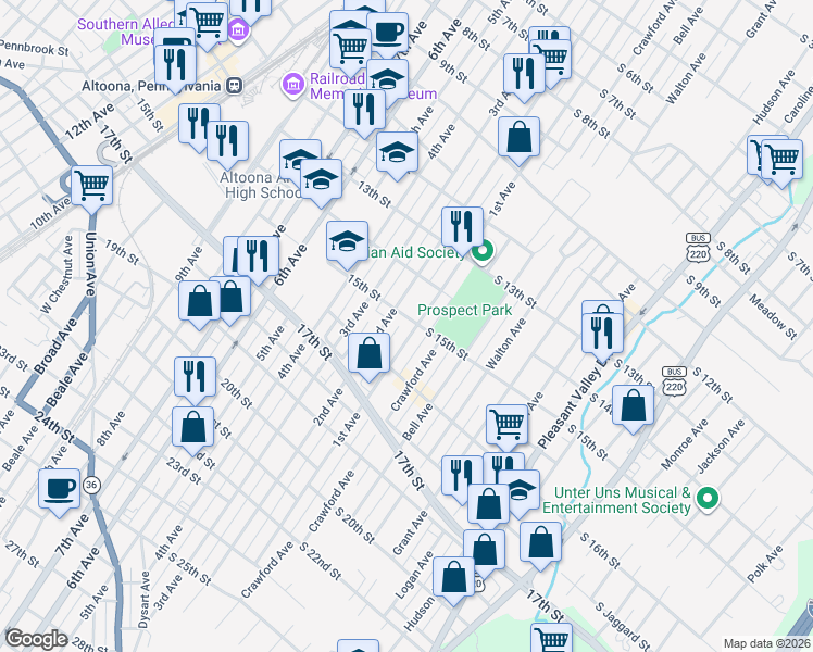 map of restaurants, bars, coffee shops, grocery stores, and more near 102-08 15th St in Altoona