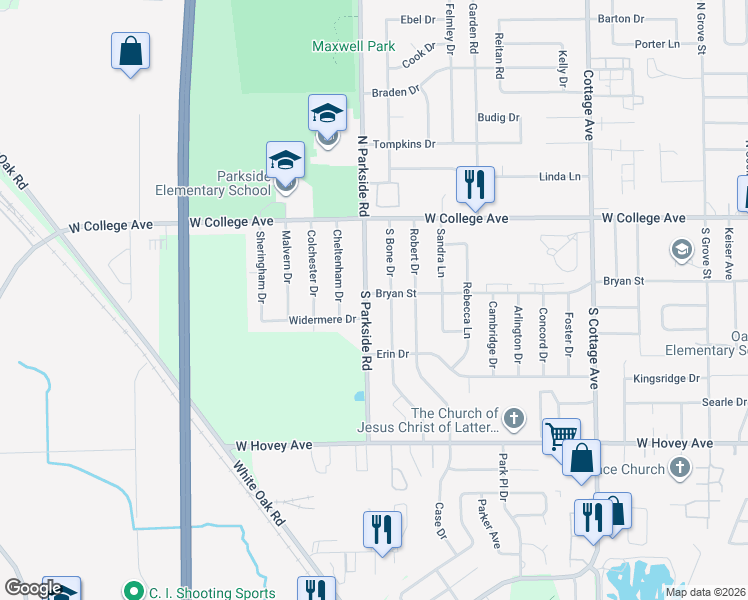 map of restaurants, bars, coffee shops, grocery stores, and more near 1714 Bryan Street in Normal
