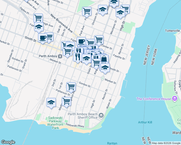 map of restaurants, bars, coffee shops, grocery stores, and more near 262 State Street in Perth Amboy