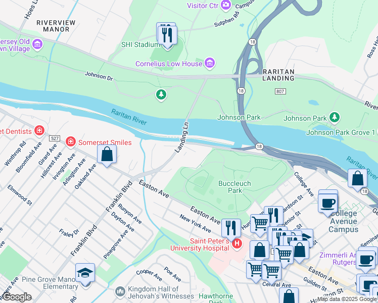 map of restaurants, bars, coffee shops, grocery stores, and more near 1110 George Street in New Brunswick