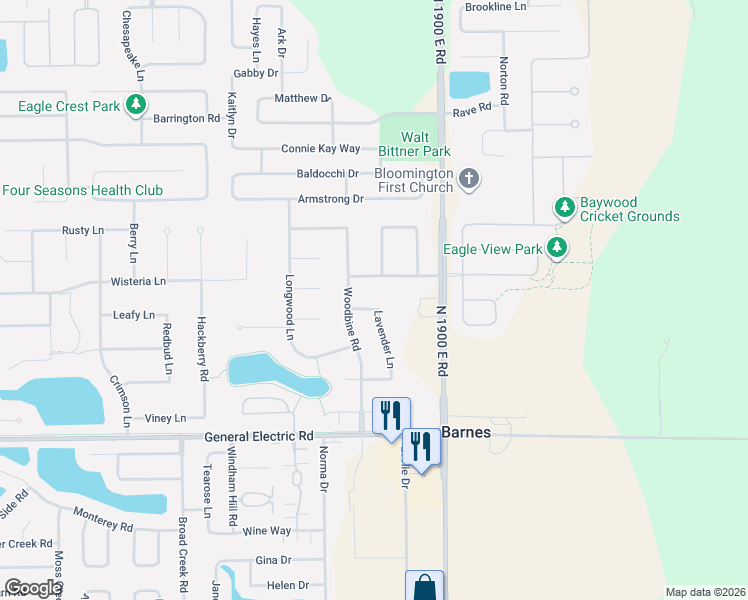 map of restaurants, bars, coffee shops, grocery stores, and more near 3601 Baywood Road in Bloomington