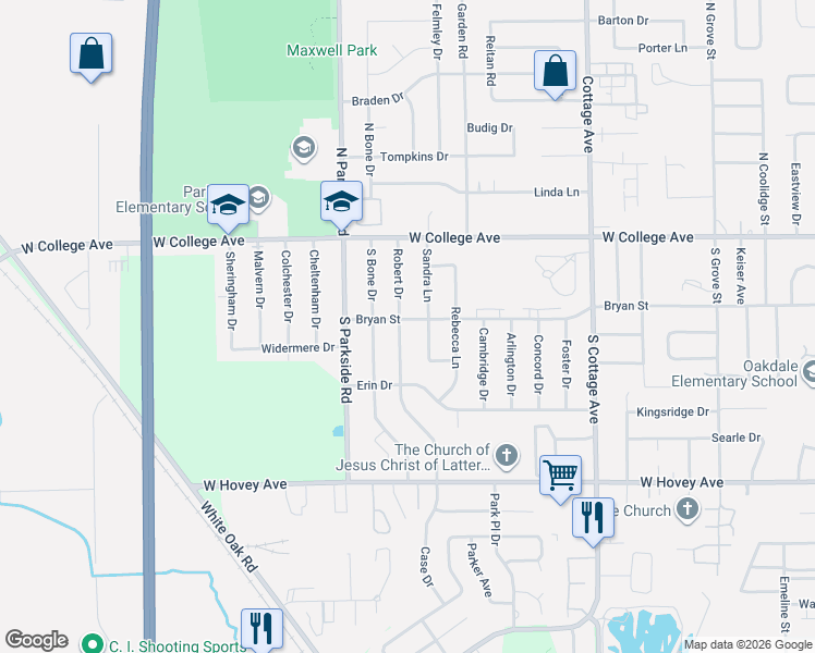 map of restaurants, bars, coffee shops, grocery stores, and more near 117 Robert Drive in Normal