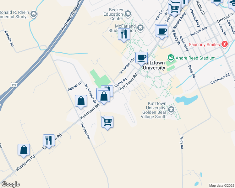 map of restaurants, bars, coffee shops, grocery stores, and more near 15132 Kutztown Road in Kutztown