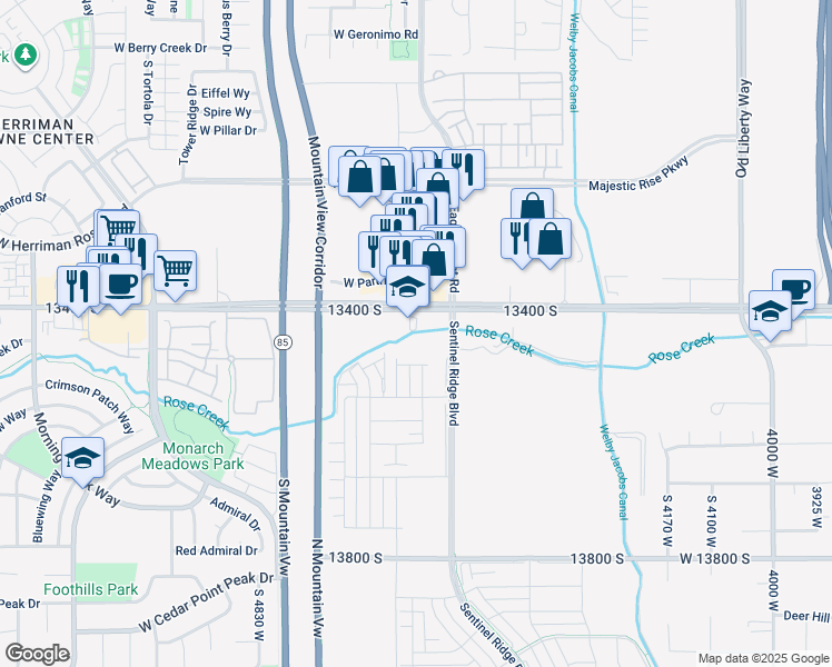 map of restaurants, bars, coffee shops, grocery stores, and more near 4555 13400 South in Riverton