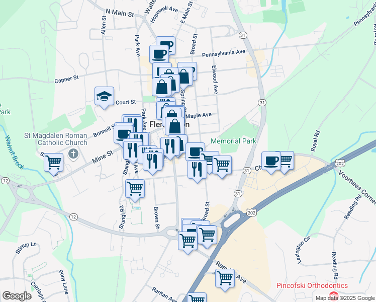 map of restaurants, bars, coffee shops, grocery stores, and more near 158 Main Street in Flemington