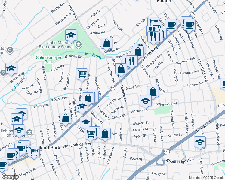 map of restaurants, bars, coffee shops, grocery stores, and more near 1576 New Jersey 27 in Edison