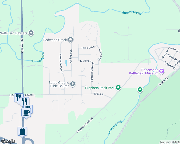 map of restaurants, bars, coffee shops, grocery stores, and more near 6125 Flintlock Drive in West Lafayette