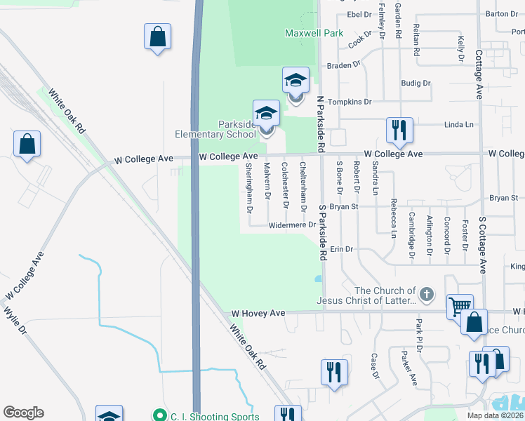 map of restaurants, bars, coffee shops, grocery stores, and more near 116 Sheringham Drive in Normal