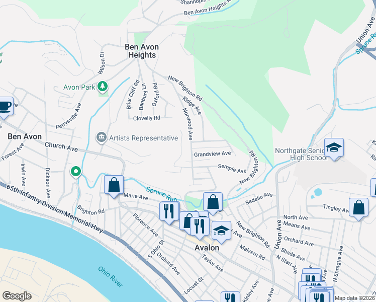 map of restaurants, bars, coffee shops, grocery stores, and more near 616 City View Avenue in Pittsburgh