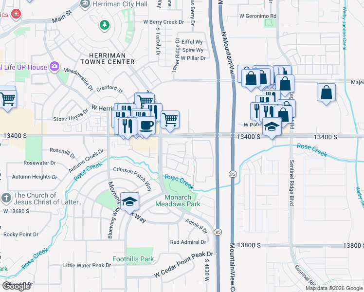 map of restaurants, bars, coffee shops, grocery stores, and more near 4931 West Duncan Meadow Lane in Riverton