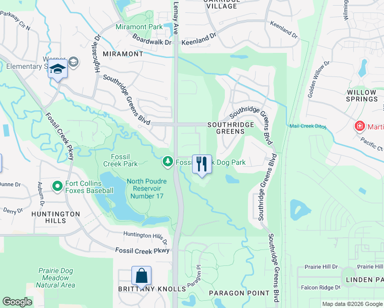map of restaurants, bars, coffee shops, grocery stores, and more near 1125 Deercroft Court in Fort Collins