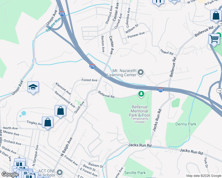 map of restaurants, bars, coffee shops, grocery stores, and more near 200 Bellwood Drive in Pittsburgh