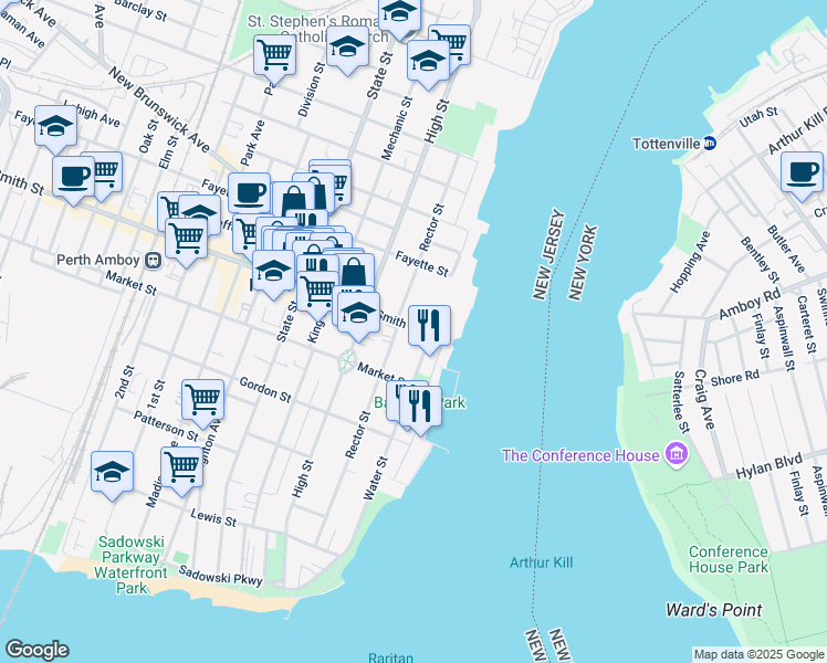 map of restaurants, bars, coffee shops, grocery stores, and more near 23 Smith Street in Perth Amboy