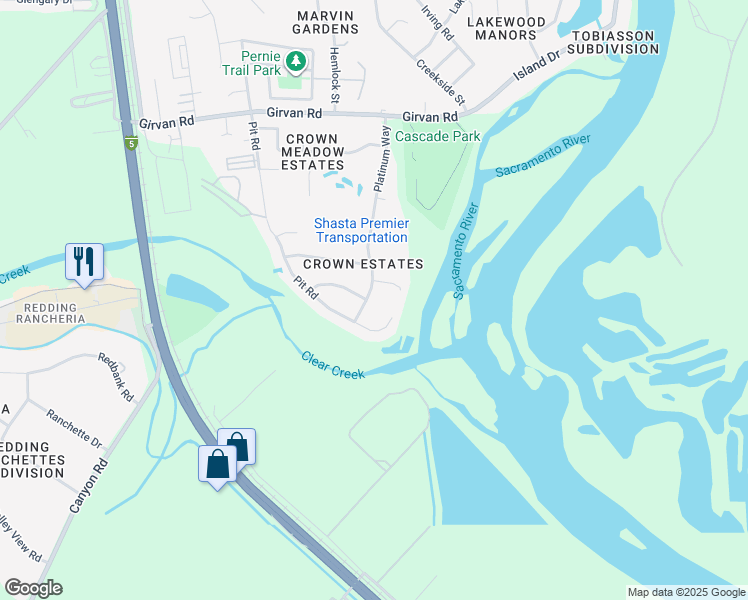 map of restaurants, bars, coffee shops, grocery stores, and more near 7691 Platinum Way in Redding