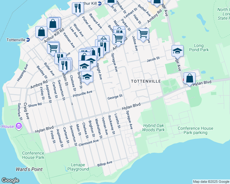 map of restaurants, bars, coffee shops, grocery stores, and more near 16 Petunia Court in Staten Island