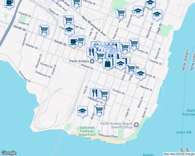 map of restaurants, bars, coffee shops, grocery stores, and more near 231 1st Street in Perth Amboy