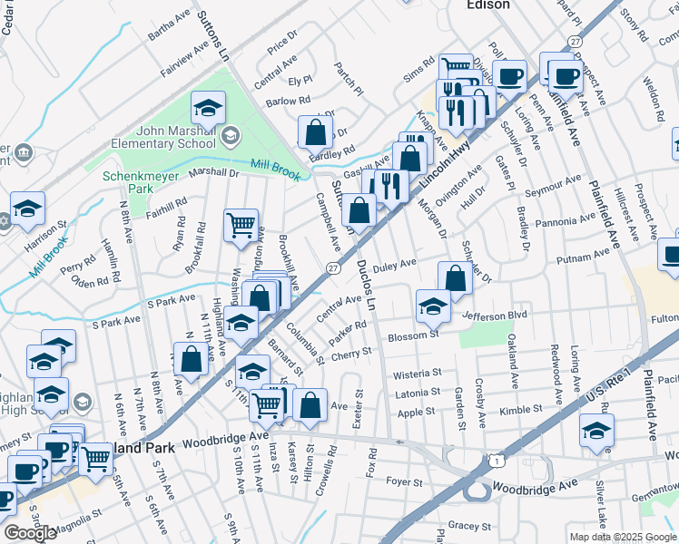 map of restaurants, bars, coffee shops, grocery stores, and more near 1576 New Jersey 27 in Edison