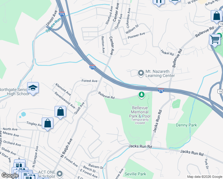 map of restaurants, bars, coffee shops, grocery stores, and more near 701 Bellwood Drive in Pittsburgh