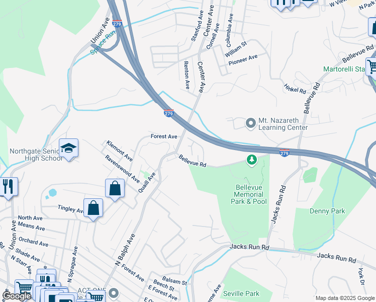 map of restaurants, bars, coffee shops, grocery stores, and more near 701 Bellwood Drive in Pittsburgh