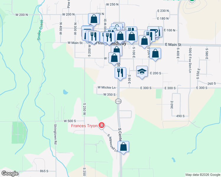 map of restaurants, bars, coffee shops, grocery stores, and more near 82 West 300 South in Midway