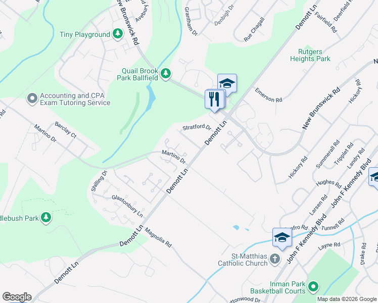 map of restaurants, bars, coffee shops, grocery stores, and more near 15 Canterbury Circle in Franklin Township