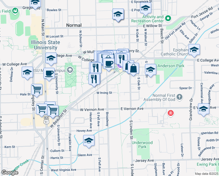 map of restaurants, bars, coffee shops, grocery stores, and more near 406 Broadway Avenue in Normal
