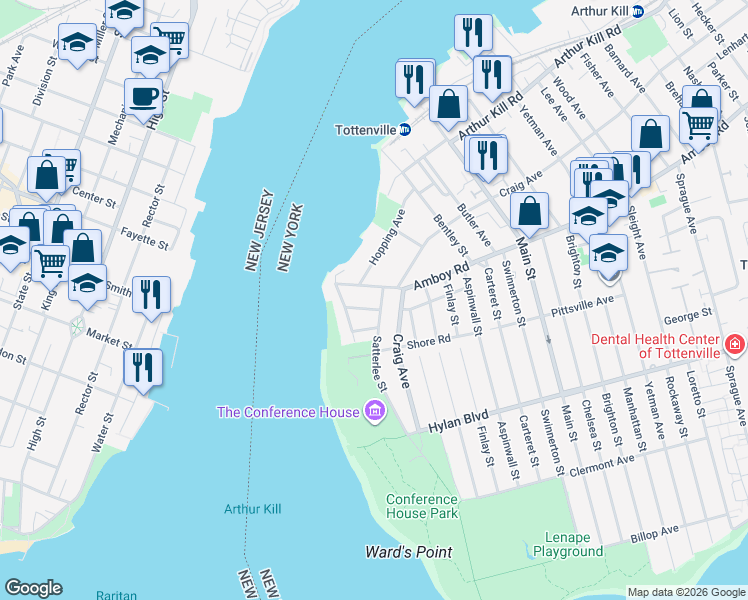 map of restaurants, bars, coffee shops, grocery stores, and more near 7744 Amboy Road in Staten Island