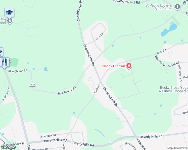 map of restaurants, bars, coffee shops, grocery stores, and more near 5850 Chestnut Hill Road in Coopersburg