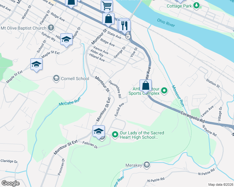 map of restaurants, bars, coffee shops, grocery stores, and more near 1833 Devonshire Road in Coraopolis