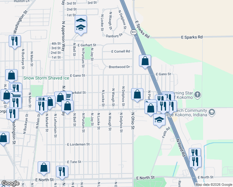 map of restaurants, bars, coffee shops, grocery stores, and more near 1000-1050 E Barkdol St in Kokomo