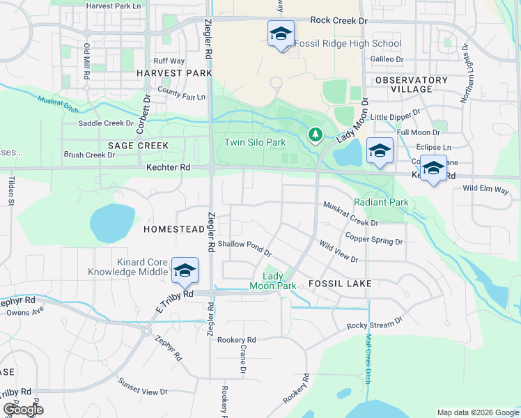 map of restaurants, bars, coffee shops, grocery stores, and more near 3235 Muskrat Creek Drive in Fort Collins