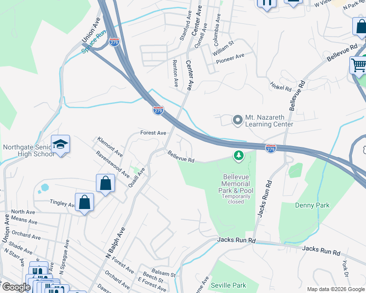 map of restaurants, bars, coffee shops, grocery stores, and more near 701 Bellwood Drive in Pittsburgh