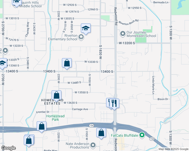 map of restaurants, bars, coffee shops, grocery stores, and more near 1855 13400 South in Riverton